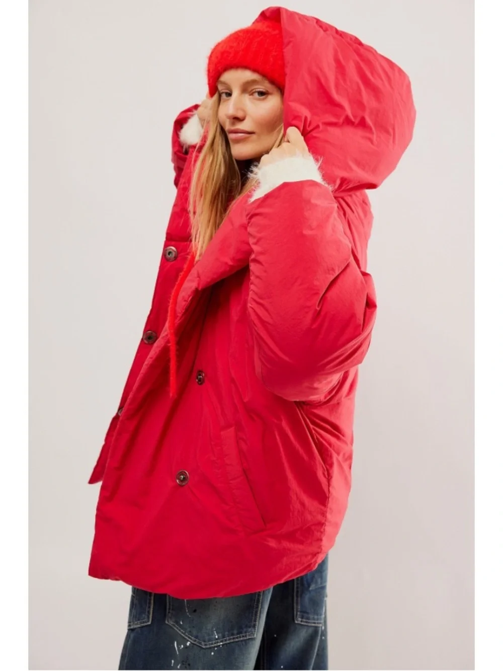 Free People Cozy Cloud Puffer Jacket Size XS Cherry Tomato Hooded Button Front